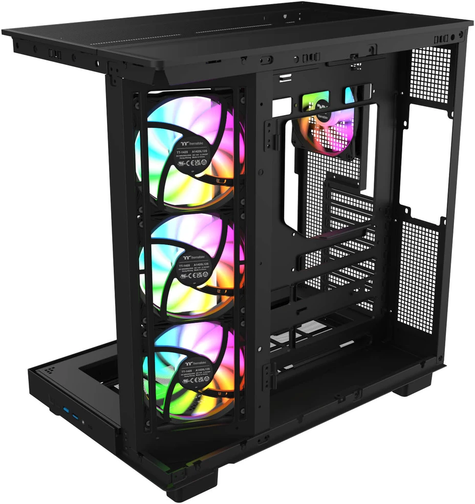 „Thermaltake View 380 XL WS ARGB“, bokšto tipo korpusas - medinis/juodas, 2 grūdinto stiklo plokštės, medinė konstrukcija