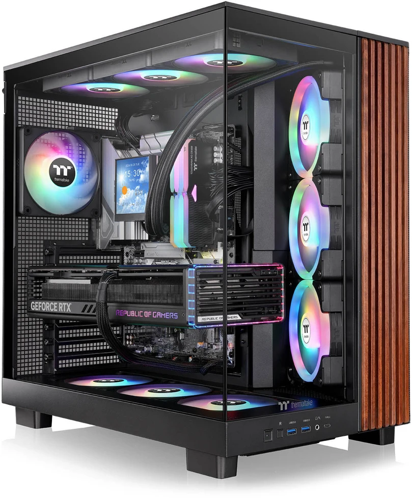 „Thermaltake View 380 XL WS ARGB“, bokšto tipo korpusas - medinis/juodas, 2 grūdinto stiklo plokštės, medinė konstrukcija