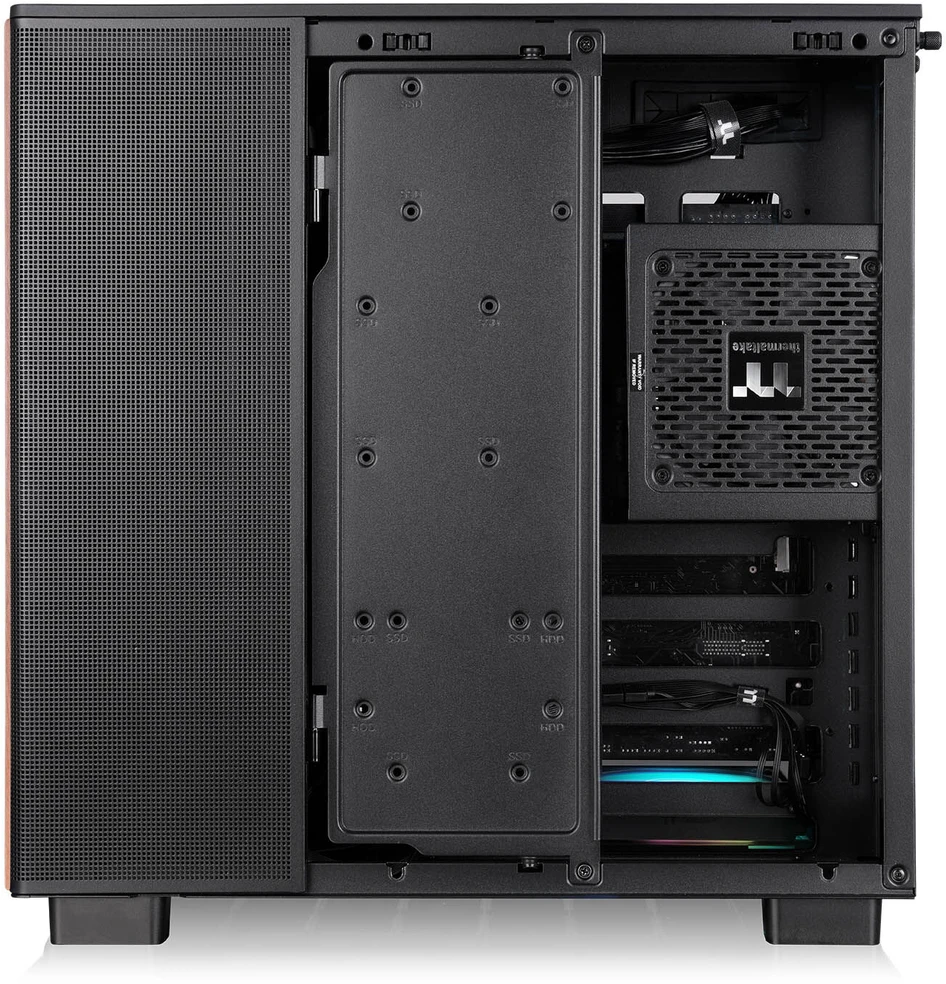 „Thermaltake View 380 XL WS ARGB“, bokšto tipo korpusas - medinis/juodas, 2 grūdinto stiklo plokštės, medinė konstrukcija