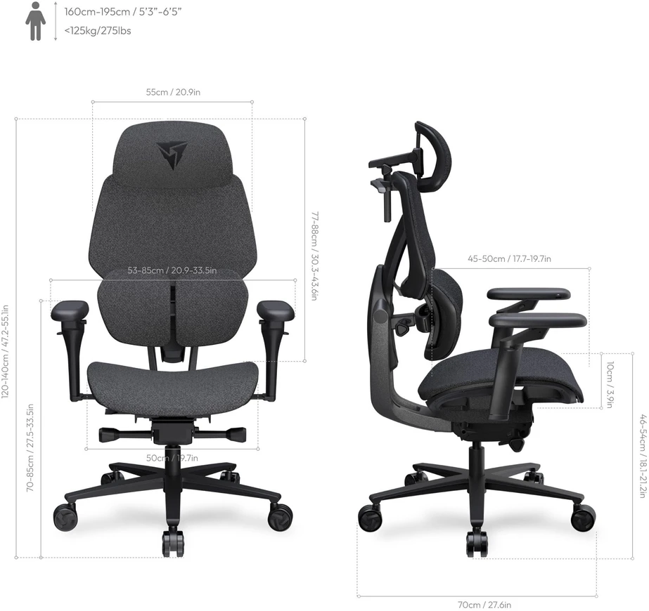 ThunderX3 FLEX Pro žaidimų kėdė, ergonomiška, aptraukta audiniu, pilka