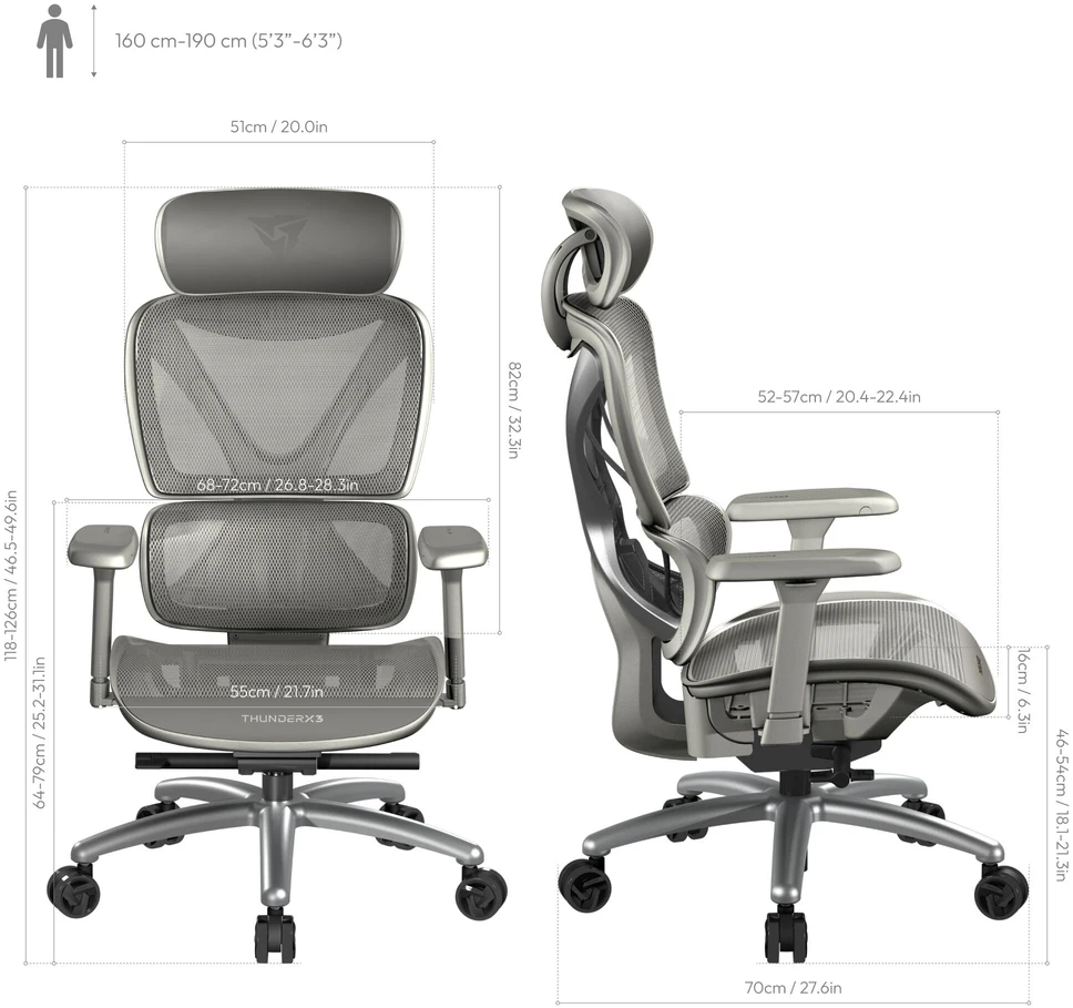 „ThunderX3 XTC“ ergonomiška biuro kėdė, tinklelio spalvos, pilka