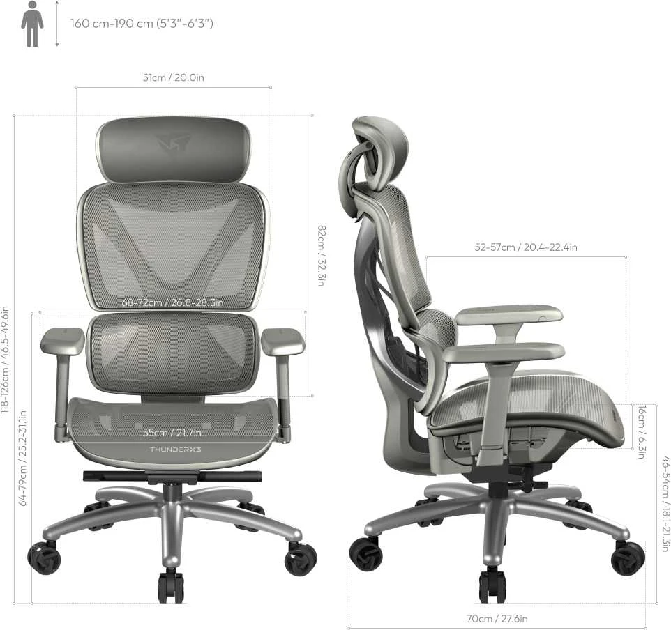 „ThunderX3 XTC“ ergonomiška biuro kėdė, tinklelio spalvos, pilka