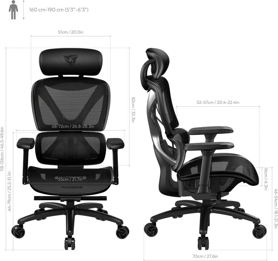 ThunderX3 XTC ergonominė ofiso kėdė, Mesh – juodos spalvos