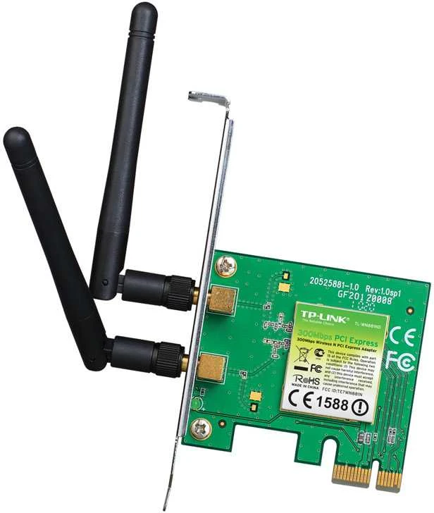 TP-LINK 300MBit/s WLAN-N PCI Express adapteris Atheros-Chipsatz 2T2R 2,4GHz 802.11b/g/n 2 nuimamos antenos