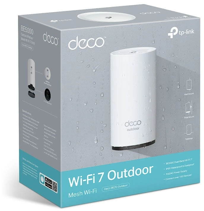 TP-LINK BE3600 lauko/vidaus Mesh WiFi 7 maršrutizatorius | Deco BE25-Outdoor (1 vnt. pakuotė) | 802.11ax | 2.4 GHz / 5 GHz | MU-MiMO Ne | PoE įvestis