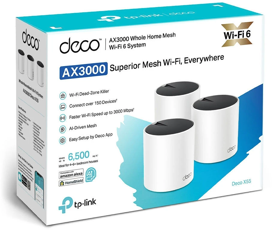 Namų tinklo (mesh) sistema TP-Link Deco X55 | AX3000 WiFi 6 | 802.11ax | 2402 Mb/s | 3 vnt. pakuotė