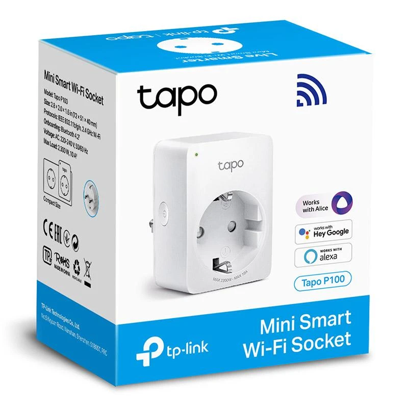 TP-LINK Tapo P100 (1 vnt. pakuotė) mini išmanusis „Wi-Fi“ lizdas, palaikomas „Alexa“ ir „Google Assistant“, 10A