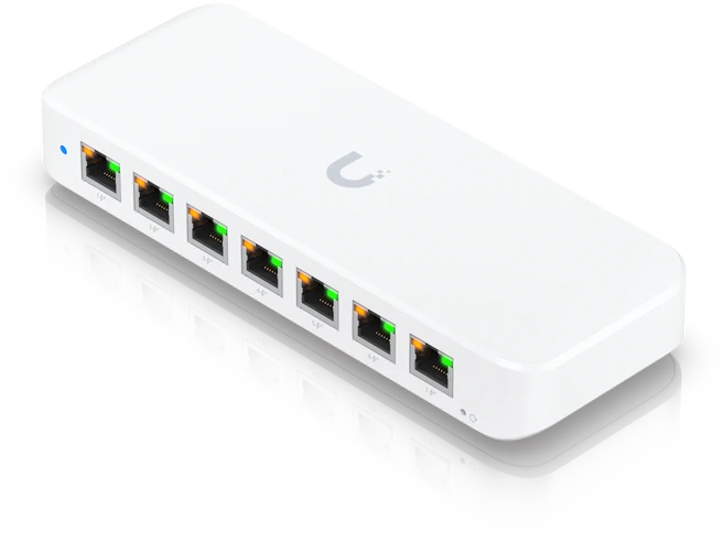 Šakotuvas UBIQUITI UniFi Switch Ultra 210 W / 8 privatumas / 2 jungikliai / 1 PoE++ lizdas / 7 PoE / PoE+ jungiklis / USW-Ultra-210 W