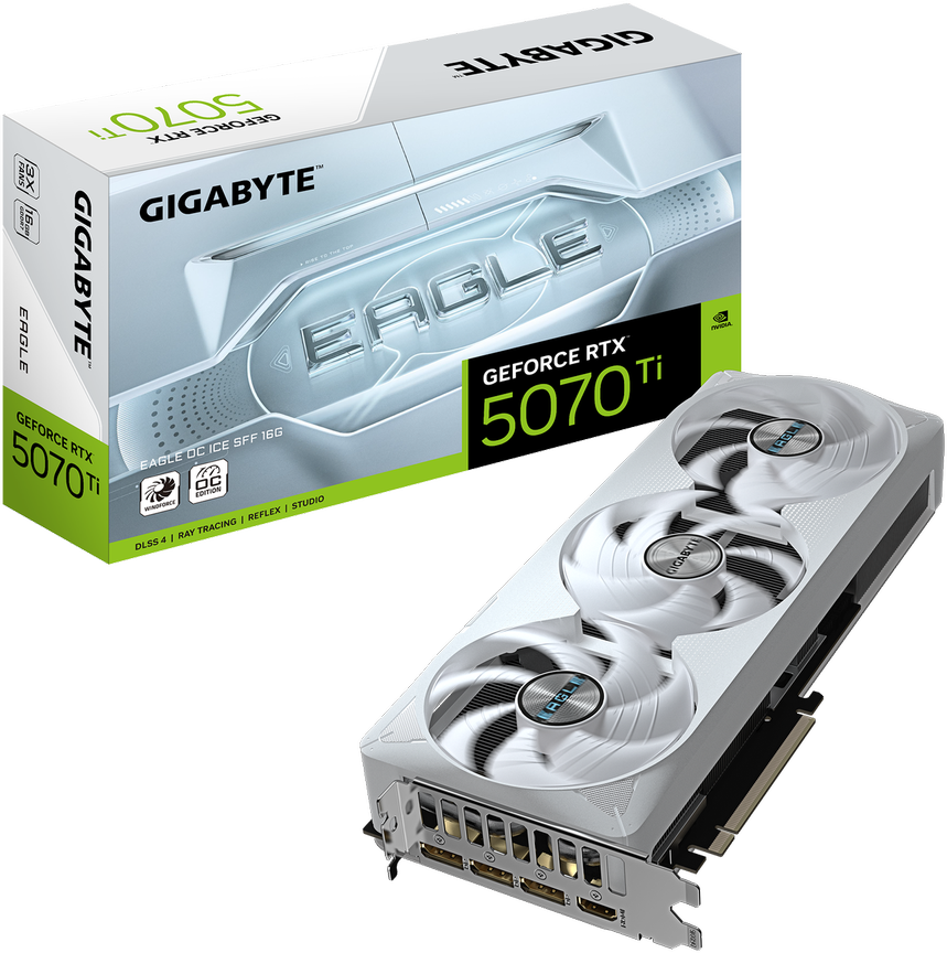 GIGABYTE GeForce RTX 5070 Ti EAGLE OC ICE SFF 16G Vaizdo plokštė - 16GB GDDR7, 256bit, PCI-E 5.0, 2542 MHz Core Clock, 3 x DP 2.1a, 1 x HDMI 2.1b, NVIDIA DLSS 4, GV-N507TEAGLEOC ICE-16GD