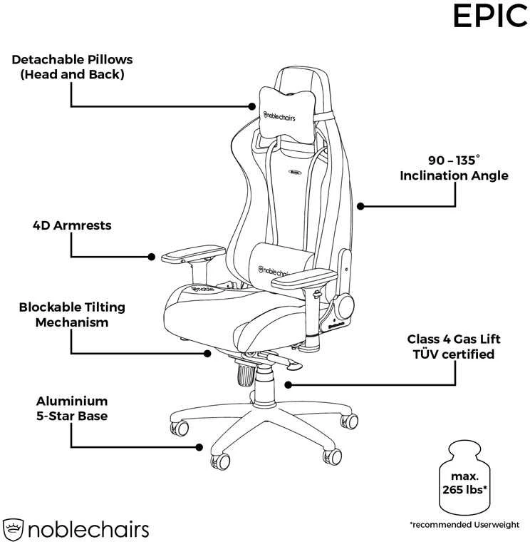 Žaidimų kėdė Noblechairs EPIC PU-Leather Gaming Chair, Juoda-auksinė
