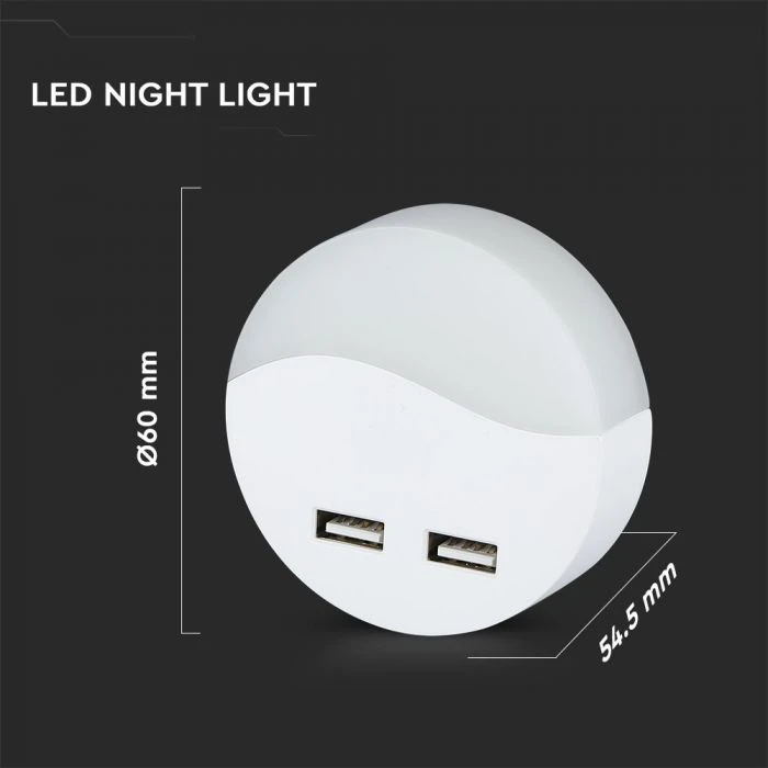 Sieninis šviestuvas 0.5W naktinis šviestuvas V-TAC, 3000K (šiltai balta) su 2xUSB lizdais, apvalus, SAMSUNG LED chip
