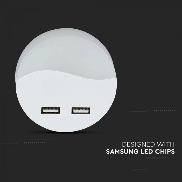 Sieninis šviestuvas 0.5W naktinis šviestuvas V-TAC, 3000K (šiltai balta) su 2xUSB lizdais, apvalus, SAMSUNG LED chip