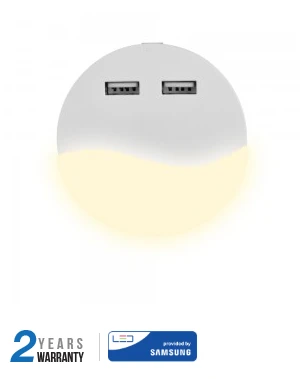 Sieninis šviestuvas 0.5W naktinis šviestuvas V-TAC, 3000K (šiltai balta) su 2xUSB lizdais, apvalus, SAMSUNG LED chip