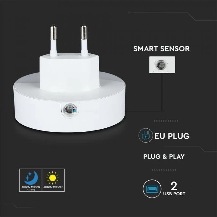 Sieninis šviestuvas 0.5W naktinis šviestuvas V-TAC, 3000K (šiltai balta) su 2xUSB lizdais, apvalus, SAMSUNG LED chip