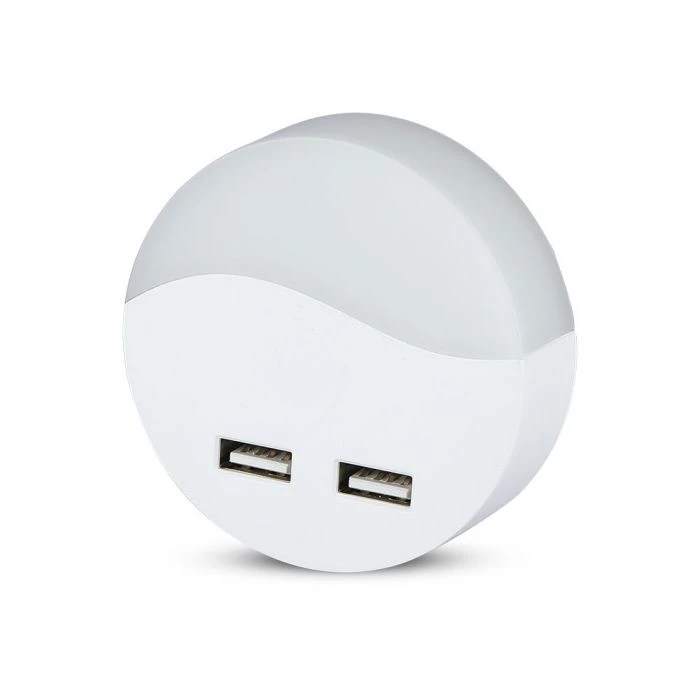 Sieninis šviestuvas 0.5W naktinis šviestuvas V-TAC, 3000K (šiltai balta) su 2xUSB lizdais, apvalus, SAMSUNG LED chip