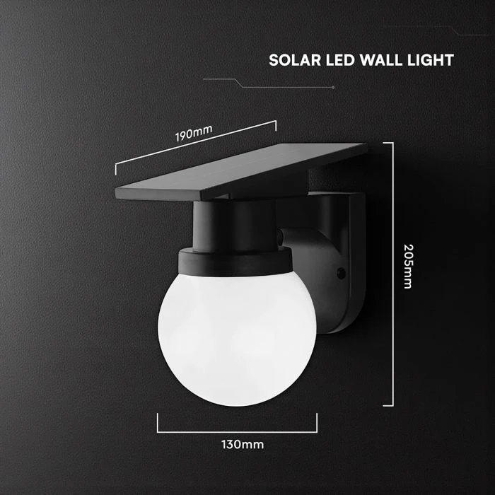 Sieninis šviestuvas 0,9W LED įkraunamas sieninis fasado šviestuvas, juodas, 3000/4000/6400K, IP54, su saulės baterija