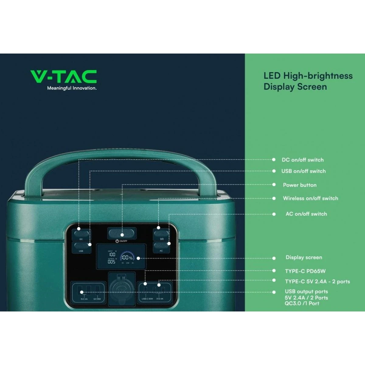 V-tac 1000W nešiojama elektros stotelė, 46,9Ah /22,4V, su apsauga nuo trumpojo jungimo, perkrovos ir perkaitimo