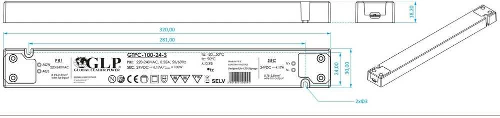 GLP 100W LED maitinimo šaltinis GTPC SLIM, 24V, IP20