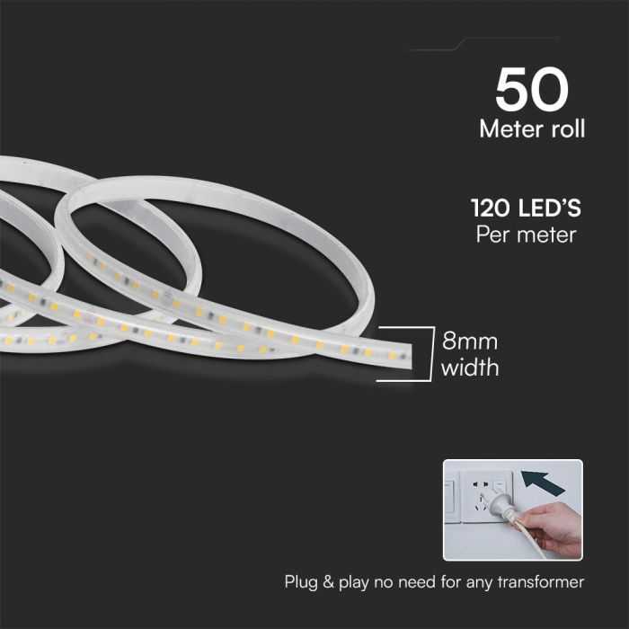 V-tac 10,5W/m LED juosta, 220V, 4000K, IP65, 50m ritė