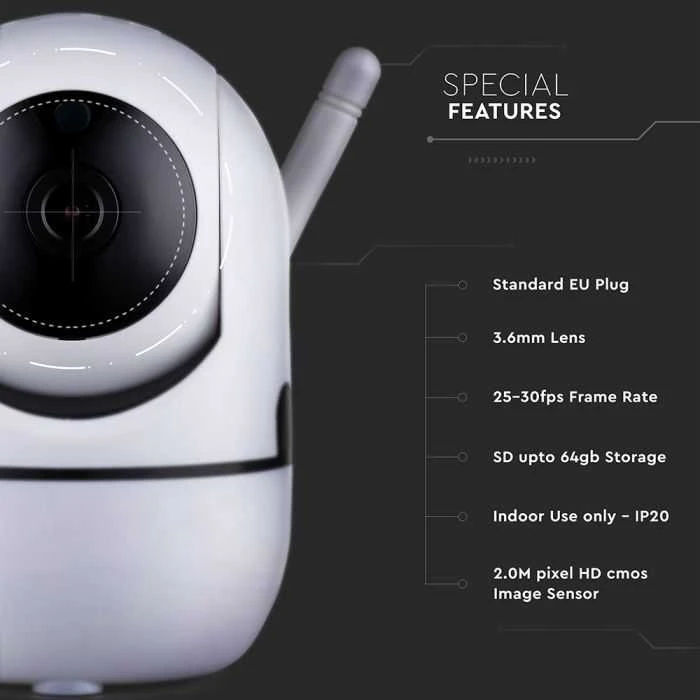 V-tac 1080p raiškos kamera WIFI, su EU jungtimi, IP20, su "auto-track" funkcija