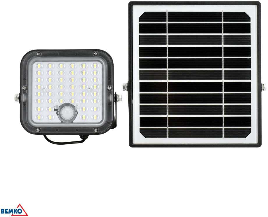 Bemko 10W LED įkraunamas prožektorius su saulės baterija ir judesio davikliu, juodas, 4000K, IP65