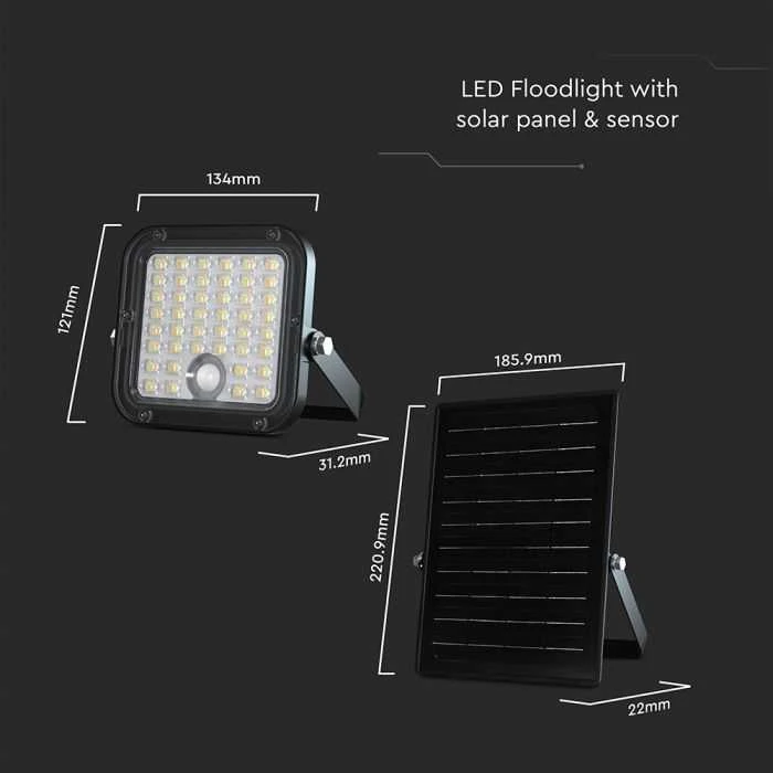 V-tac 10W LED prožektorius su saulės baterija ir judesio davikliu, juodas, 4000/6000K