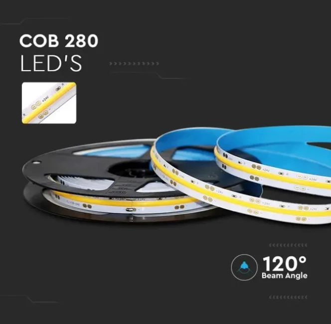 V-tac 10W/m LED COB juosta, 280LED/m, 6500K, 5 metrų ritė