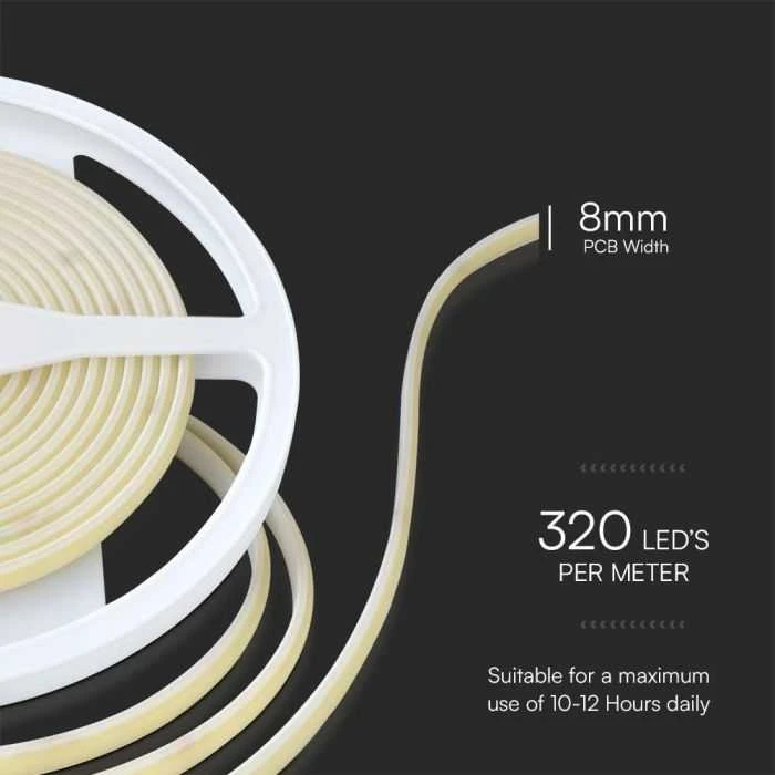 V-tac 10W/m LED COB juosta, 320LED/m, 24V, 6500K, IP67, 5 metrų ritė