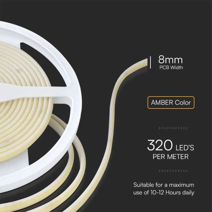 V-tac 10W/m LED COB juosta, 320LED/m, 24V, gintaro sp. šviesa, IP67, 5 metrų ritė