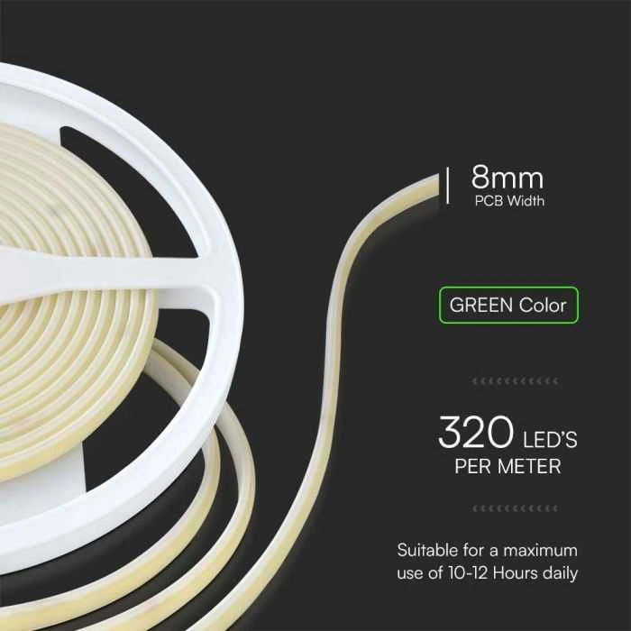 V-tac 10W/m LED COB juosta, 320LED/m, 24V, žalia šviesos sp., IP67, 5 metrų ritė