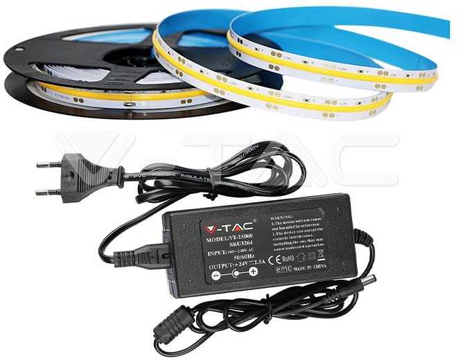 V-tac 10W/m LED juosta, 420LED/m, IP20, 3000K, 5m, su 60W maitinimo šaltiniu, 24V, 2.5A, IP44