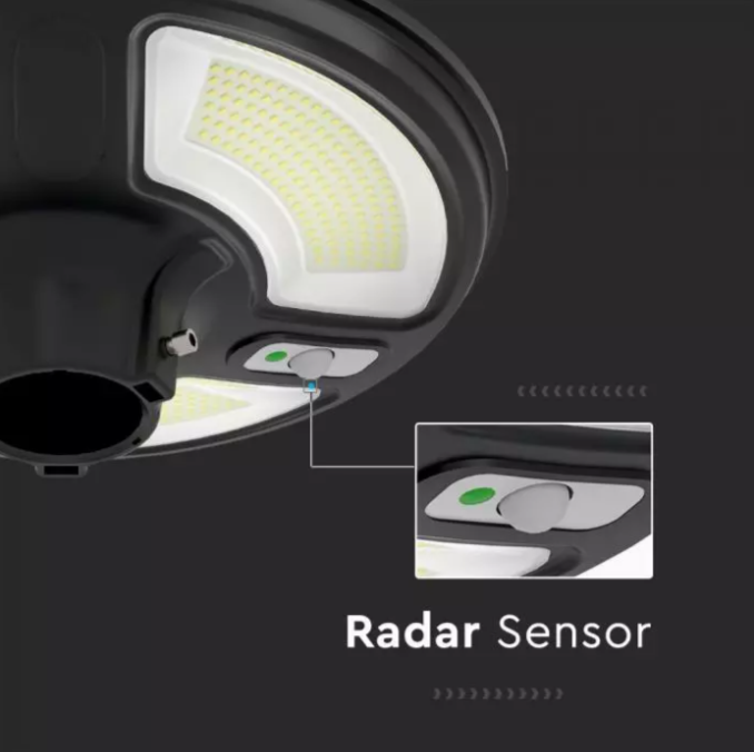 10W sodo šviestuvas V-TAC su judesio davikliu, 4000K, IP65, su 24W saulės baterija, juodas. Valdomas RF, su laikmačiu. Reikalinga atrama LED35010.