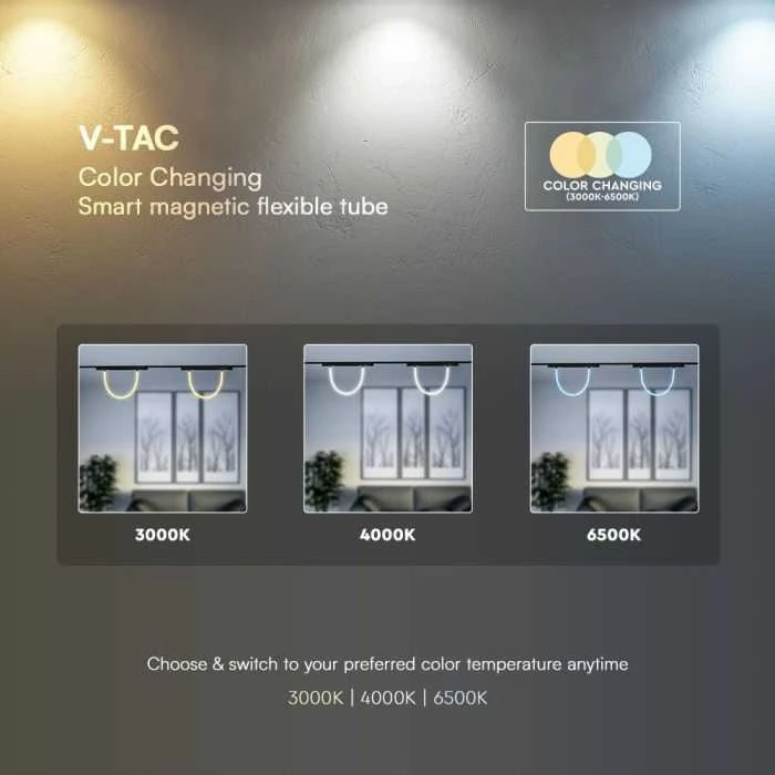 V-tac 11W LED SMART šviestuvas į magnetinius bėgelius, 48V, juodas, 3000-6500K