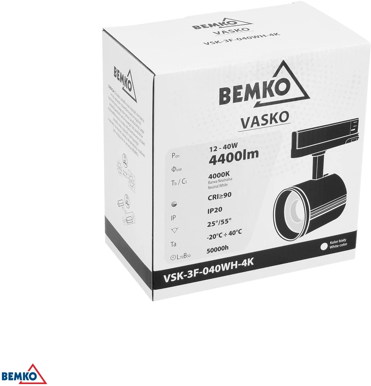 Bemko 12-40W LED akcentinis šviestuvas į 3 fazių bėgelį VASKO, baltas, 3000K