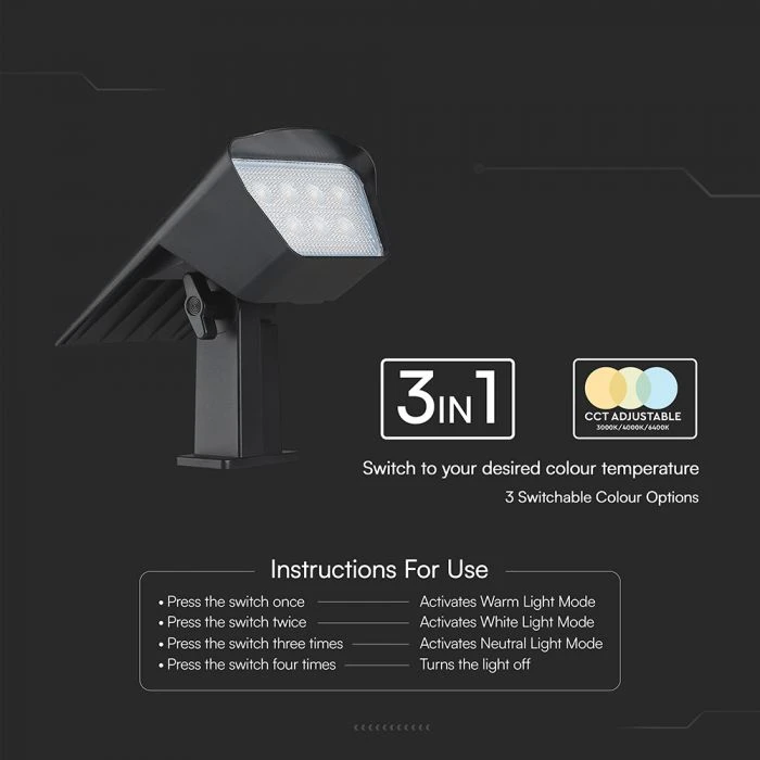 Sieninis šviestuvas V-tac 1,3W LED įsmeigiamas/sieninis lauko šviestuvas, juodas, 3000/4000/6400K, su saulės baterija