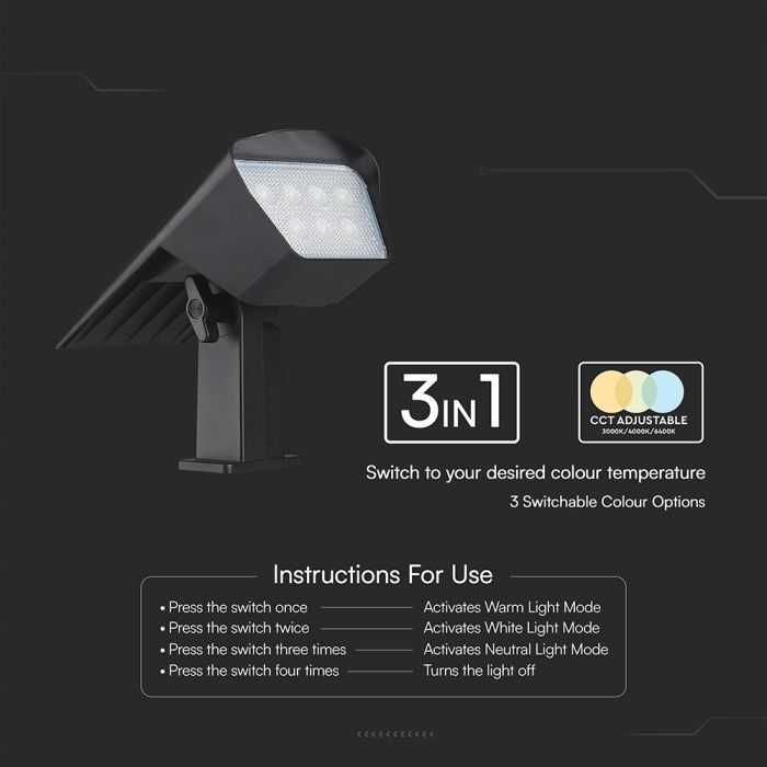 Sieninis šviestuvas V-tac 1,3W LED įsmeigiamas/sieninis lauko šviestuvas, juodas, 3000/4000/6400K, su saulės baterija