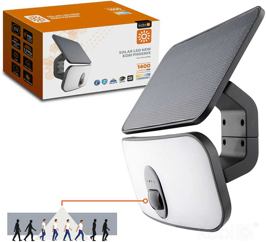 13W LED prožektorius su saulės baterija ir judesio davikliu NEW PHOENIX, juodas, 4000K, IP65
