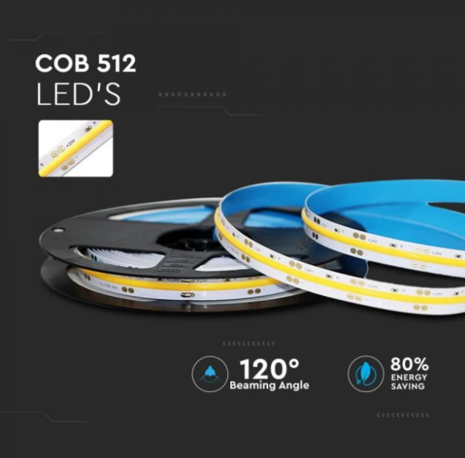 V-tac 13W/m LED COB juosta, IP20, 24V, 6500K, 5 metrų ritė