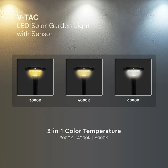 V-tac 15W LED įkraunamas lauko šviestuvas su saulės baterija ir judesio davikliu, juodas, 3000/4000/6000K, IP65