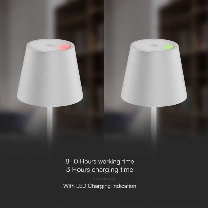 V-tac 1,5W LED įkraunamas stalo šviestuvas, baltas, 3000K, dimeriuojamas, IP54