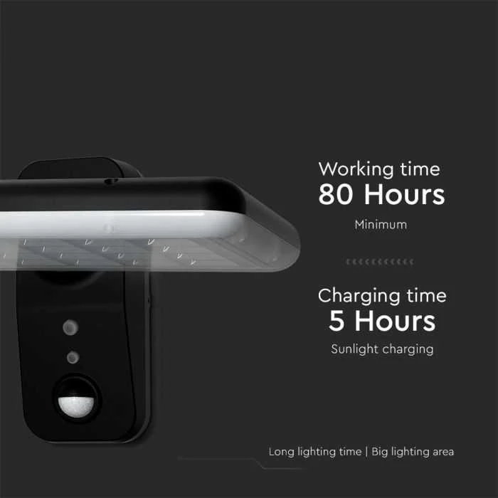 Sieninis šviestuvas V-tac 15W LED paviršinis šviestuvas su saulės baterija ir judesio davikliu, juodas, 4000/6000K