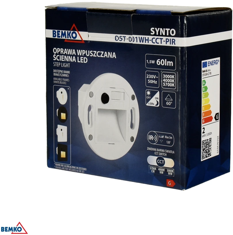1,5W LED sieninis įmontuojamas šviestuvas laiptų apšvietimui SYNTO, baltas, 3000/4000/5700K, be dangtelio, su judesio davikliu