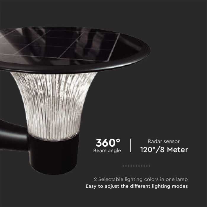 Sieninis šviestuvas V-tac 15W LED sieninis lauko šviestuvas su saulės baterija ir judesio davikliu, juodas, 4000/6000K