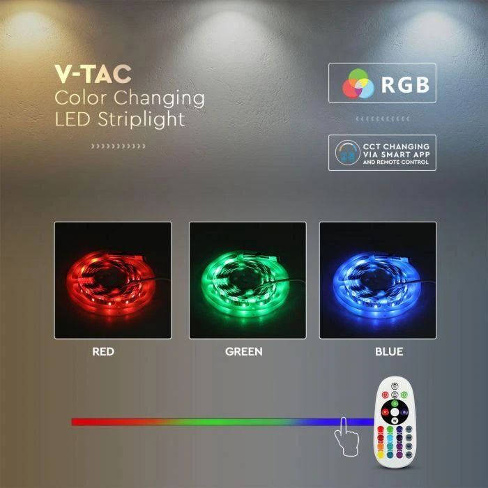 V-tac 15W/m LED juosta, RGB+3IN1, IP65, 5 metrų ritė, su nuotolinio valdymo pulteliu, valdikliu ir užmaitinimu
