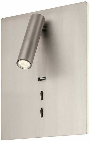 16W + 3W LED sieninis šviestuvas ZEN, nikelio sp., 3000K, šviesos kampas 120°, skaitymo šviestuvėlio - 20°, su USB, 01-2997