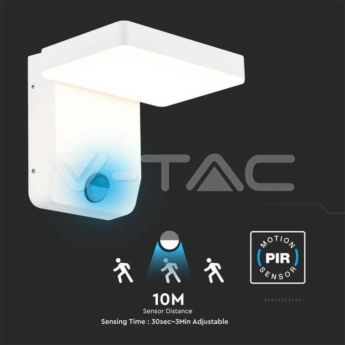 Sieninis šviestuvas V-tac 17W LED sieninis lauko šviestuvas, baltas, 4000K, IP65, su judesio davikliu