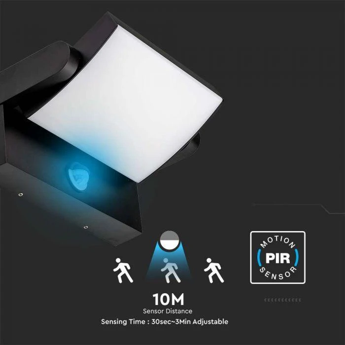 V-tac 17W LED sieninis lauko šviestuvas, juodas, 3000K, IP65, su judesio davikliu