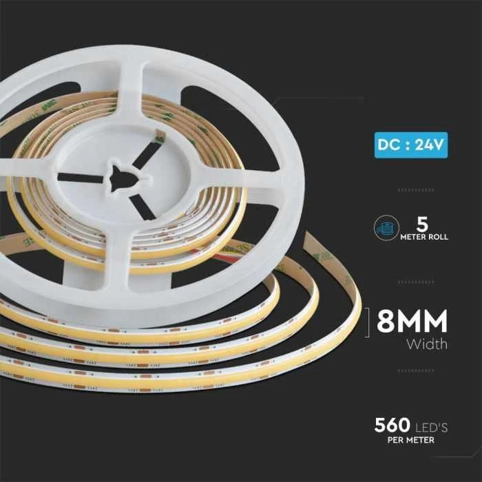 V-tac 18W/m COB LED juosta, 560LED/m, 24V, 2700/4000/6500K, 5 metrų ritė