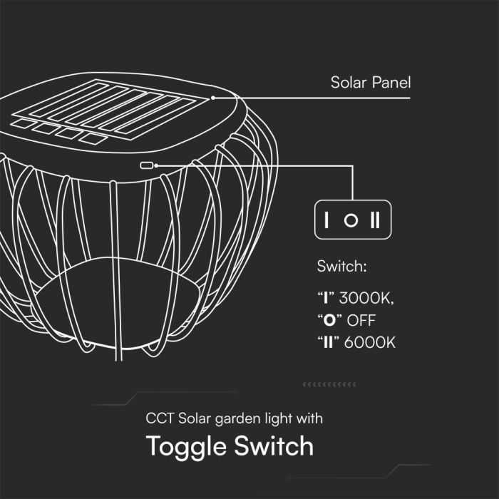 V-tac 1W LED įkraunamas šviestuvas su saulės baterija, juodas, 3000/6000K, IP44, belaidis