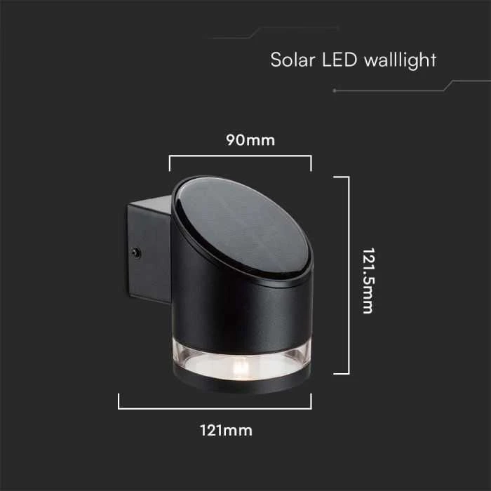 Sieninis šviestuvas V-tac 1W LED sieninis lauko šviestuvas su saulės baterija, juodas, 3000K, IP54